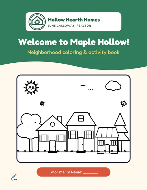 Cover of the sample book “Welcome to Maple Hollow!” for a realtor: a green band with the agent’s logo and a line drawing of houses and trees. Fictional neighborhood.