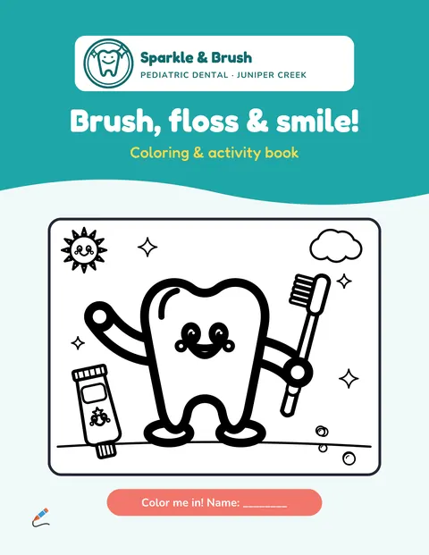 Cover of the sample book “Brush, floss & smile!” for Sparkle & Brush Pediatric Dental: a teal band with the practice logo and a smiling cartoon tooth holding a toothbrush. Fictional business.